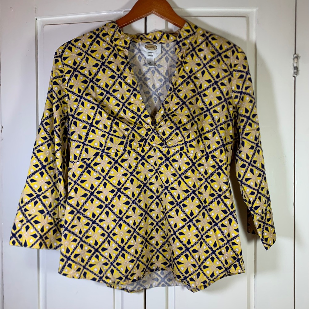 Talbots Womens Yellow Navy Geometric Tile Print 3/4 Sleeve Stretch Blouse M READ